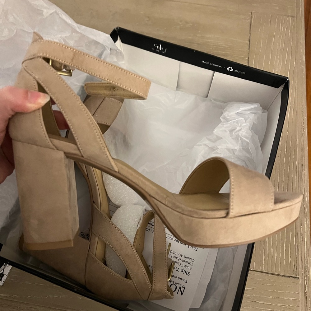 Sam Edelman Beige Suede Block Heel Sandals with Ankle Strap